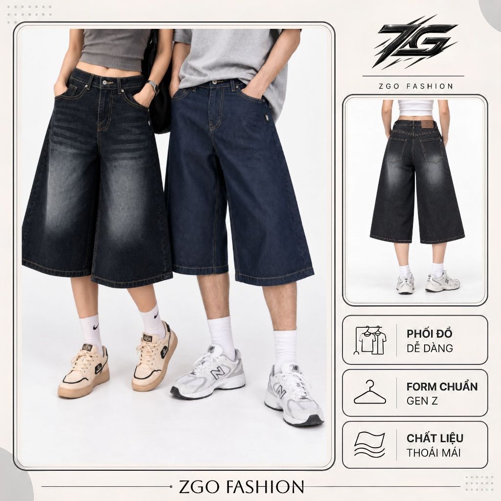 Quần jeans lửng wash ZGO quần short jean lửng ống rộng form unisex nam nữ chất jeans dày dặn QZG01