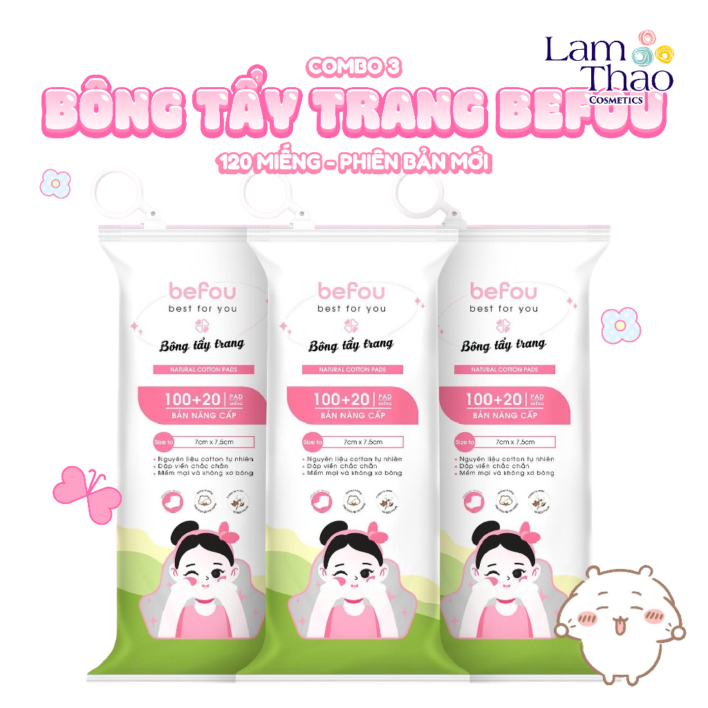 Combo 3 Bịch Bông Tẩy Trang Befou 120 Miếng-Phiên Bản Mới