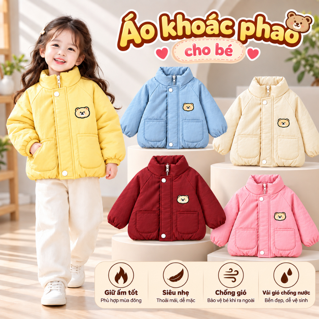 Áo Khoác Phao Lông Cừu Trẻ Em Có Mũ Siêu Nhẹ Giữ Ấm Mùa Đông Dày Dặn Cho Bé Trai Bé Gái 5-40kg K1