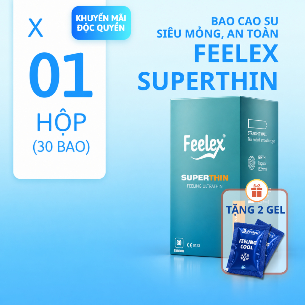 [CAO CẤP] Bao cao su siêu mỏng Hộp 30 chiếc Feelex Superthin ôm sát nhiều gel tăng khoái cảm