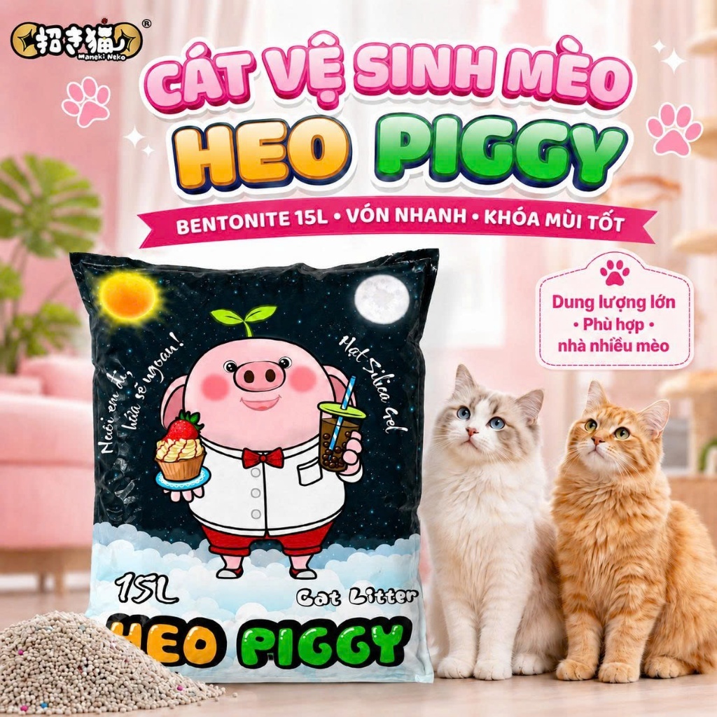 ( TẢI 3 GÓI ) Cát Mèo Heo Piggy 15l Khử Mùi Tốt Bentonite