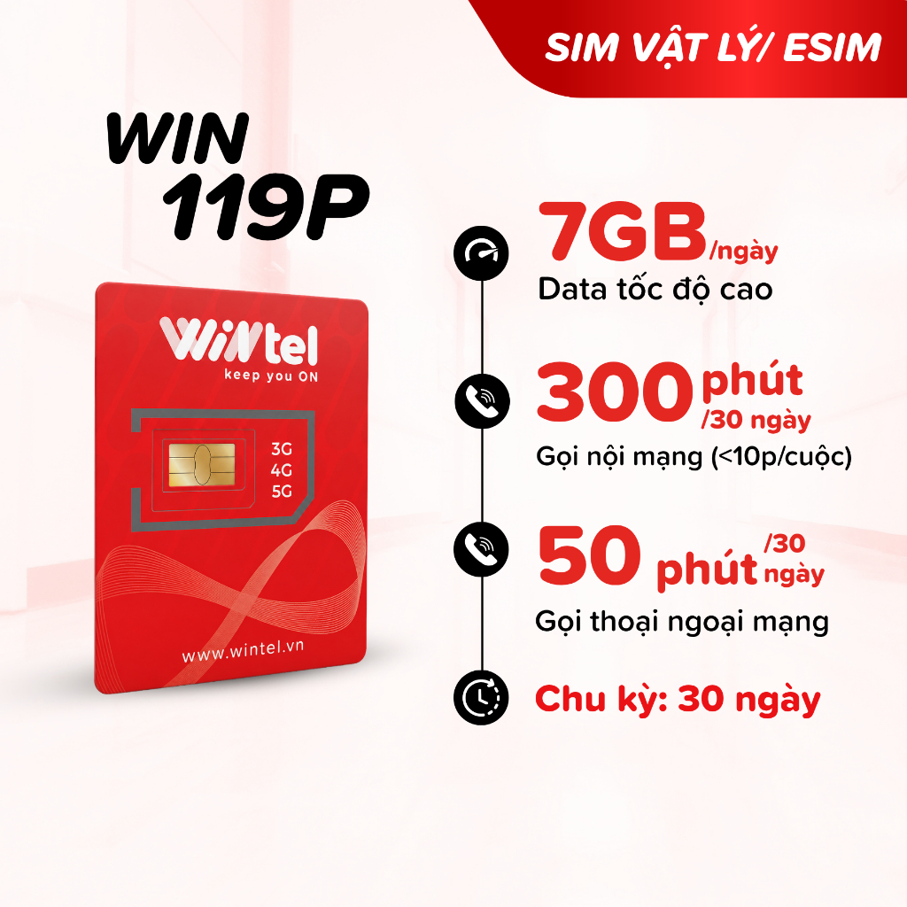 SIM 4G Wintel WIN119P - SIM Data Tốc Độ Cao Kèm Ưu Đãi Gọi Thoại - Miễn Phí Gói Cước Tháng Đầu