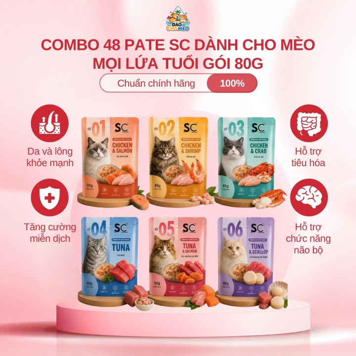 Combo 48 Gói Pate SC Dinh Dưỡng Cho Mèo, Pate Thơm Ngon Cho Mèo Mọi Lứa Tuổi Gói 80g | Đảo Chó Mèo