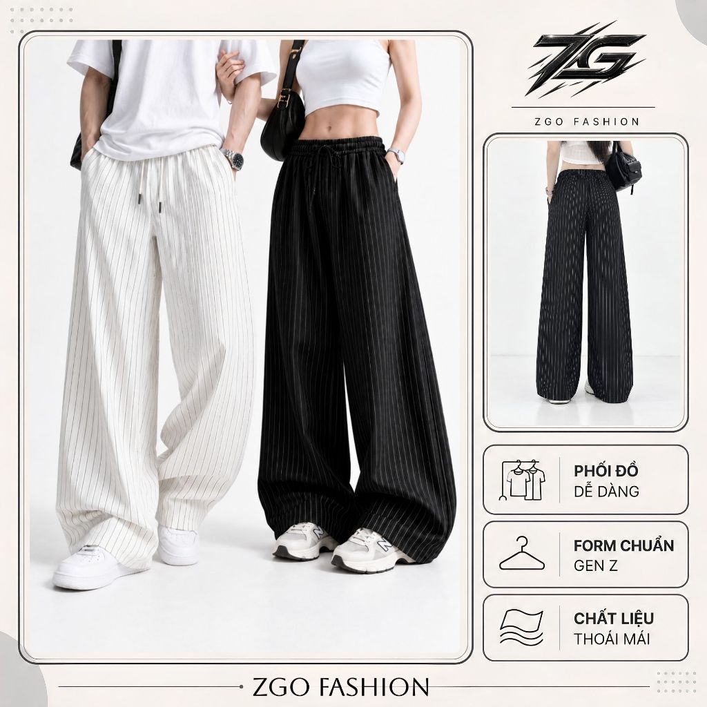 Quần ống rộng kẻ sọc ZGO form quần ống suông unisex vải không nhăn mềm mát QZG03