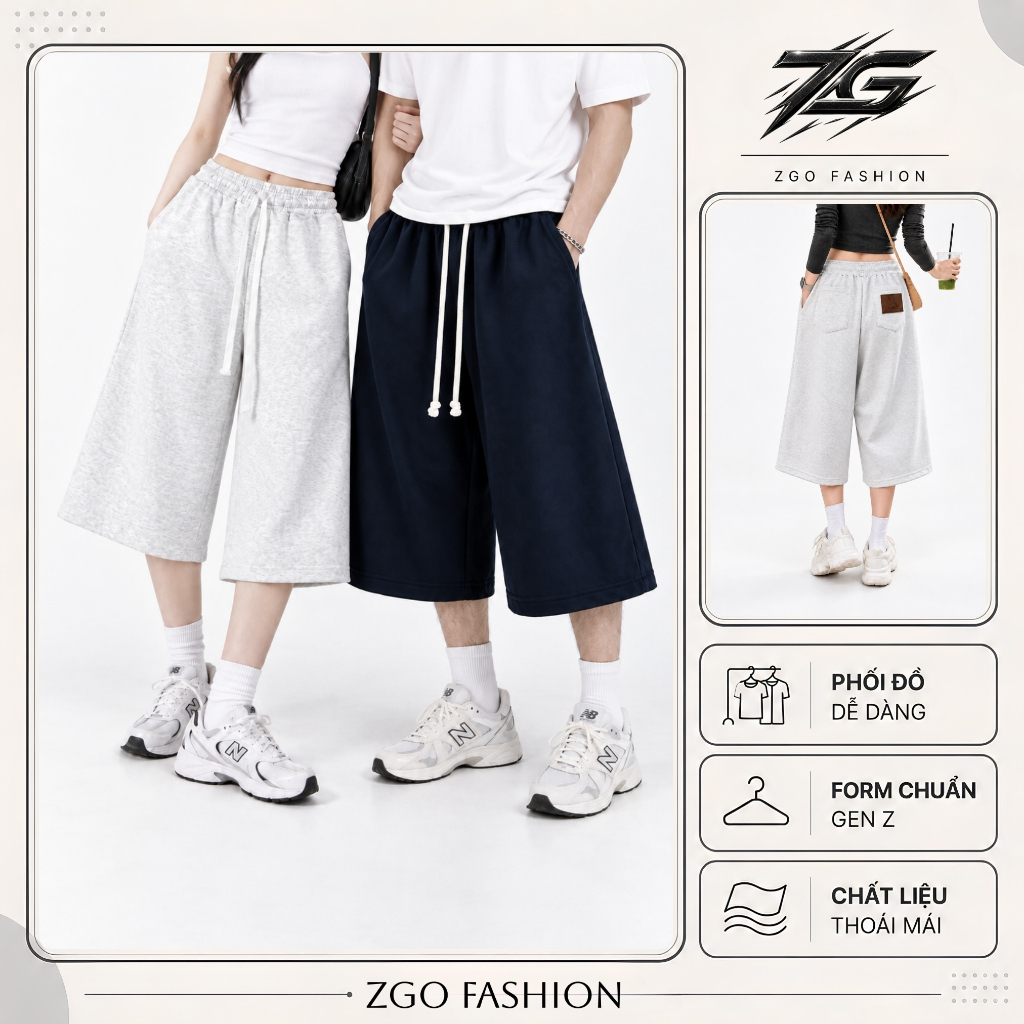 Quần Short Nỉ 2 Da Ống Rộng ZGO form unisex basic chất nỉ Quảng Châu Dày Mịn QZG23