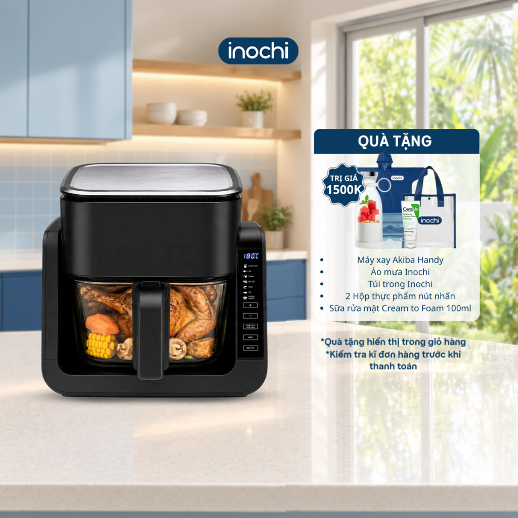 Nồi Chiên Không Dầu 6in1 Inochi Akiba - Nồi chiên đa năng nướng lật đảo chiều, lồng kính trong suốt
