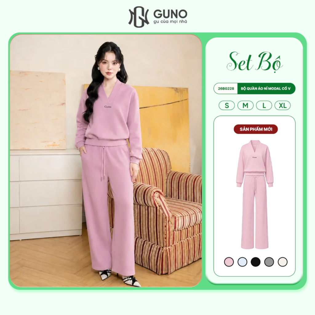 Set Bộ Nỉ GUNO Nỉ Modal Cao Cấp Cổ V Kèm Quần Suông Hack Dáng Logo Thêu 26BG228
