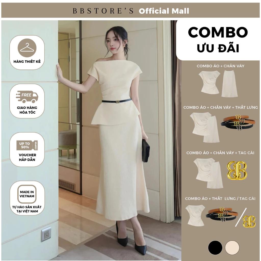 BBSTORE'S Áo Kiểu Tiệc Nữ Xốp Dập Lệch Vai Peplum Nhún Eo Sang Chảnh A4317B - Chân Váy Dài Dự Tiệc Xòe Đuôi Cá V4318B