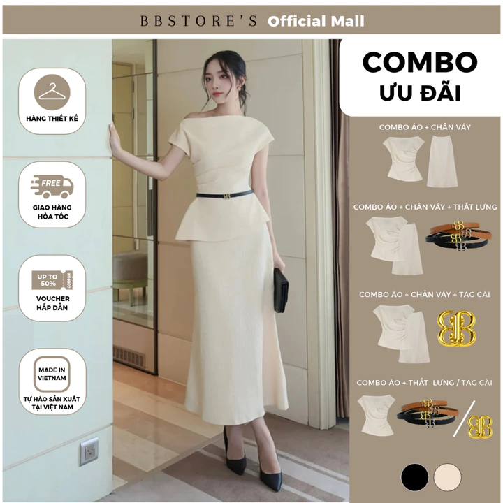 BBSTORE'S Áo Kiểu Tiệc Nữ Xốp Dập Lệch Vai Peplum Nhún Eo Sang Chảnh A4317B - Chân Váy Dài Dự Tiệc Xòe Đuôi Cá V4318B