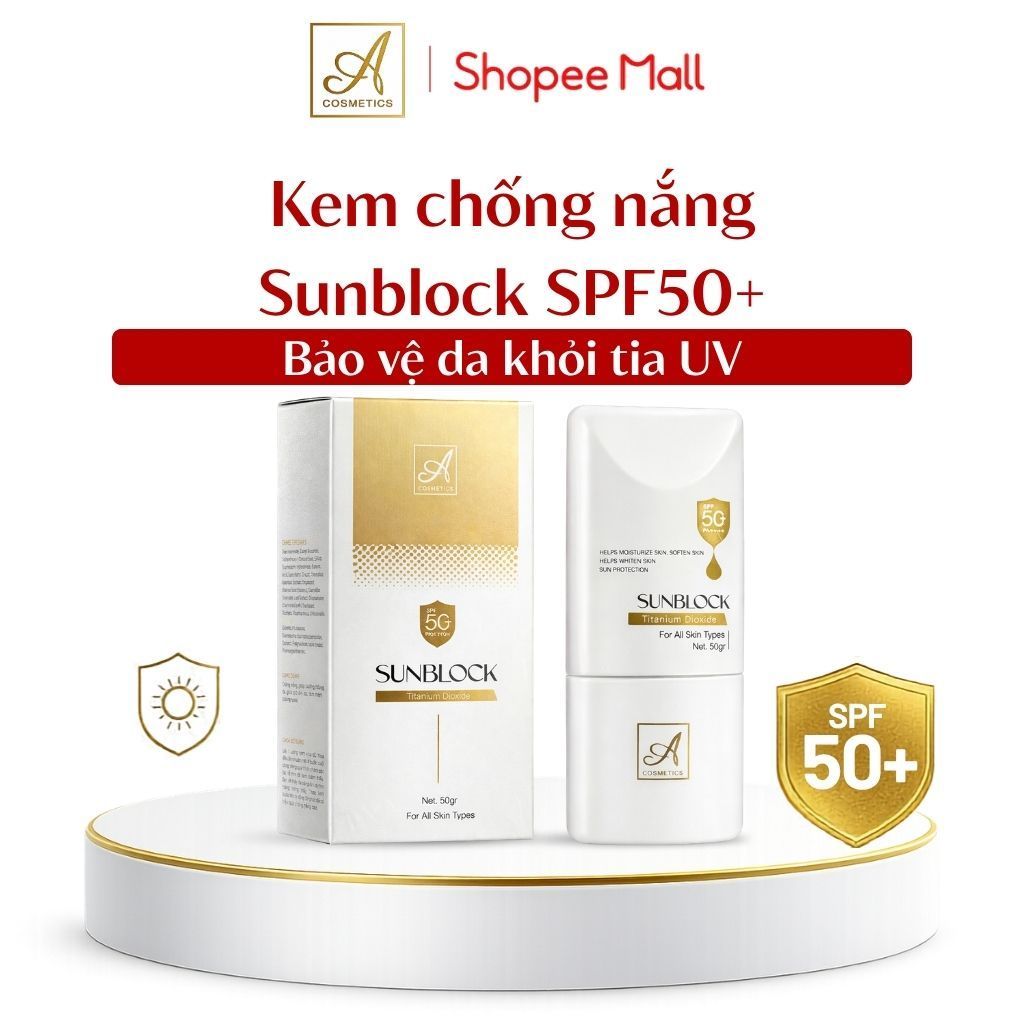 Kem chống nắng sunblock SPF50+ A Cosmetics, bảo vệ tia UV, cấp ẩm nhẹ, không trắng ảo, sáng mịn 50g | BigBuy360 - bigbuy360.vn