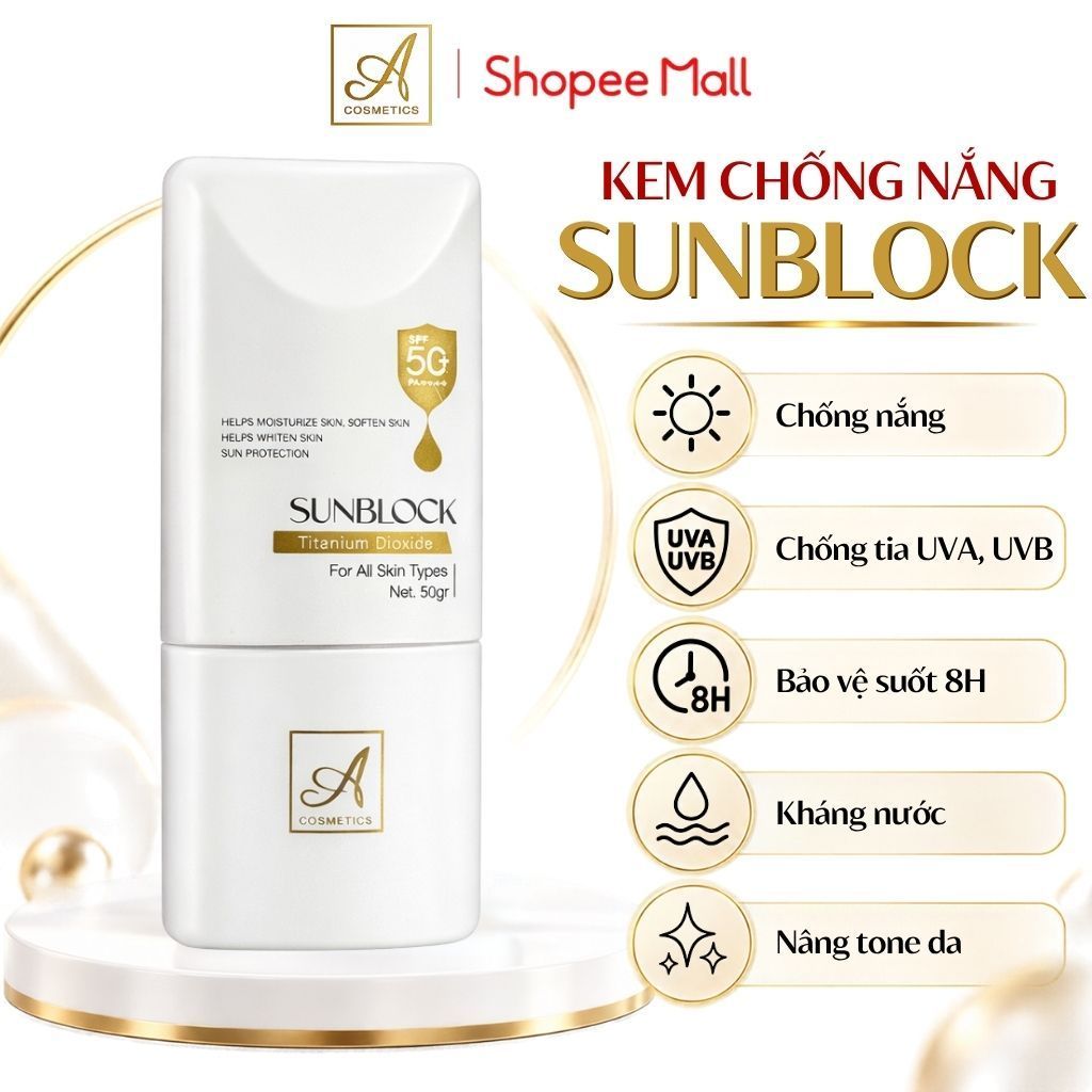 Kem chống nắng sunblock SPF50+ A Cosmetics, bảo vệ tia UV, cấp ẩm nhẹ, không trắng ảo, sáng mịn 50g | BigBuy360 - bigbuy360.vn