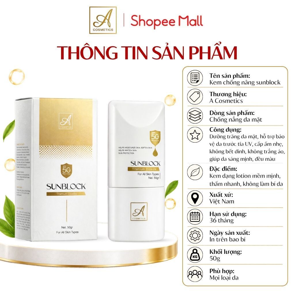 Kem chống nắng sunblock SPF50+ A Cosmetics, bảo vệ tia UV, cấp ẩm nhẹ, không trắng ảo, sáng mịn 50g | BigBuy360 - bigbuy360.vn
