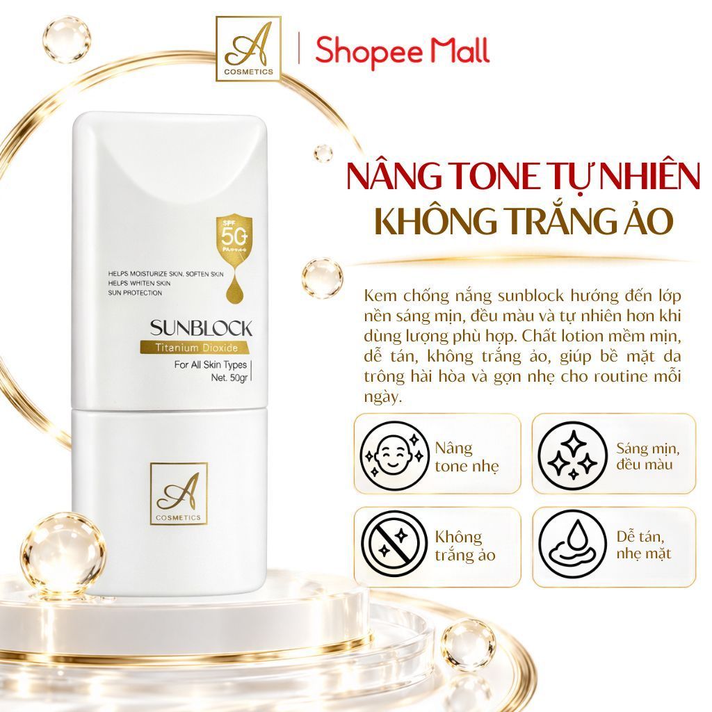 Kem chống nắng sunblock SPF50+ A Cosmetics, bảo vệ tia UV, cấp ẩm nhẹ, không trắng ảo, sáng mịn 50g | BigBuy360 - bigbuy360.vn