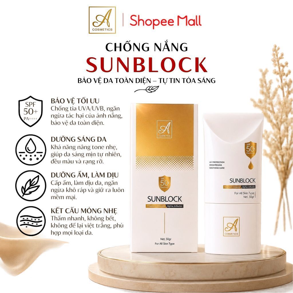 Kem chống nắng sunblock SPF50+ A Cosmetics, bảo vệ tia UV, cấp ẩm nhẹ, không trắng ảo, sáng mịn 50g | BigBuy360 - bigbuy360.vn