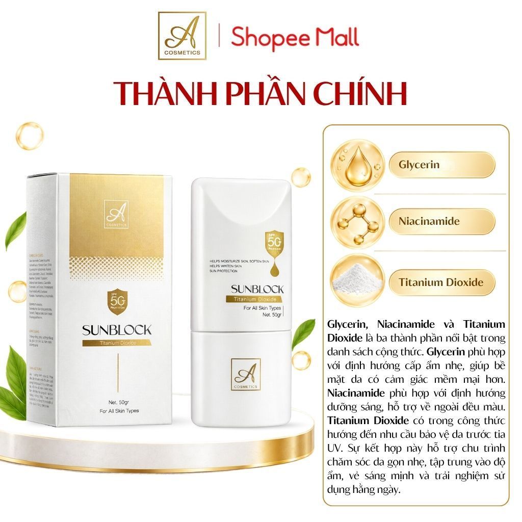 Kem chống nắng sunblock SPF50+ A Cosmetics, bảo vệ tia UV, cấp ẩm nhẹ, không trắng ảo, sáng mịn 50g | BigBuy360 - bigbuy360.vn