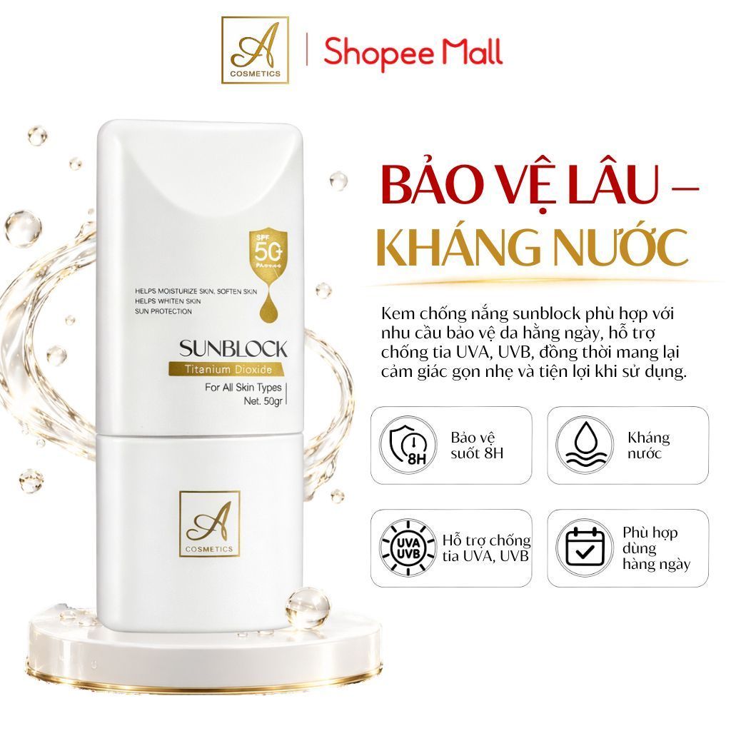 Kem chống nắng sunblock SPF50+ A Cosmetics, bảo vệ tia UV, cấp ẩm nhẹ, không trắng ảo, sáng mịn 50g | BigBuy360 - bigbuy360.vn
