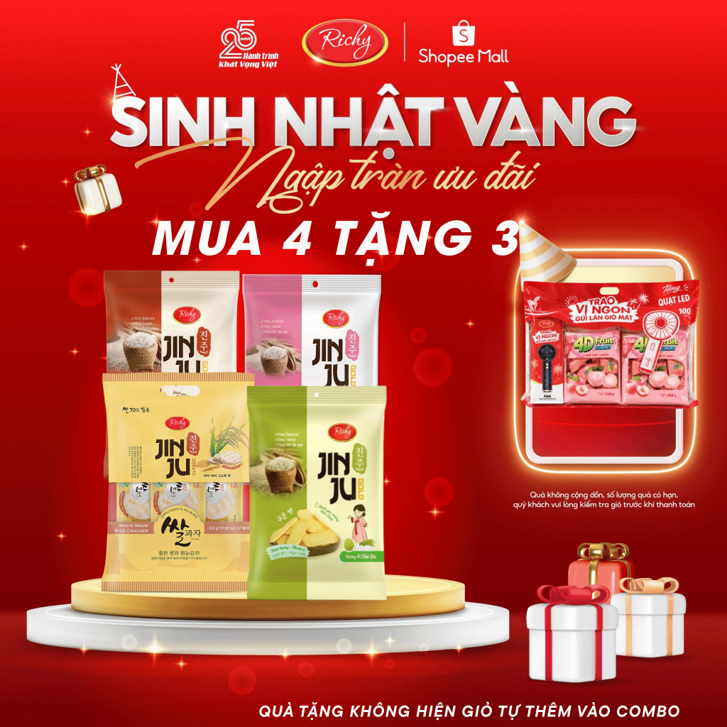 [MUA 4 TẶNG 3]  Tổng 4 gói bánh gạo Hàn Quốc Jinju Richy vị cốm sữa ganjang mật ong và bò nướng tiêu