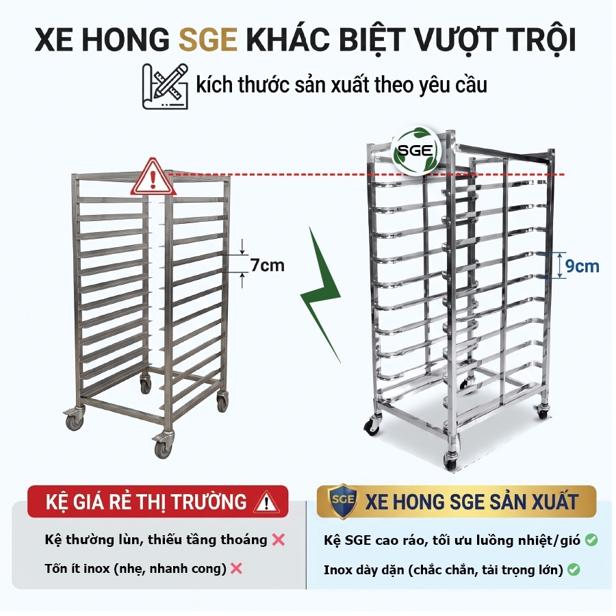 [6-10-15-30 tầng] Kệ Inox Khay Bánh, Xe Hong Bánh SGE -inox 201 không gỉ