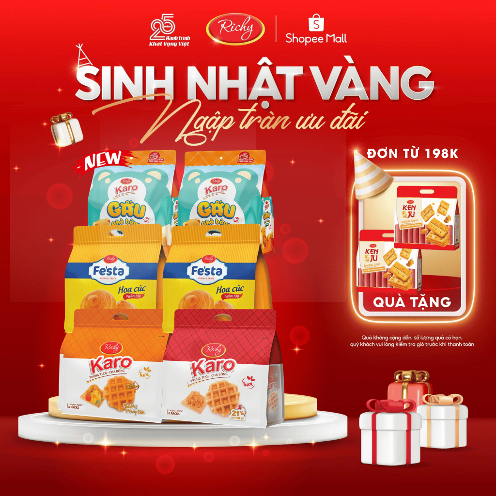 [ TẶNG 2 QUÀ ĐƠN TỪ 198K] Combo 6 bịch bánh Karo Richy trứng tươi chà bông và phô mai hoàng kim, HSD 45 ngày