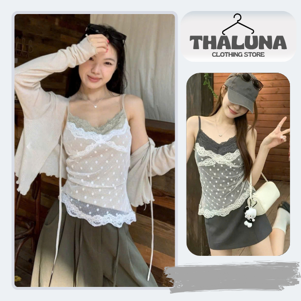 Áo Hai Dây Phối Ren Chấm Bi ThaLuna – Áo Nữ Ôm Dáng Phối Lưới Phong ...