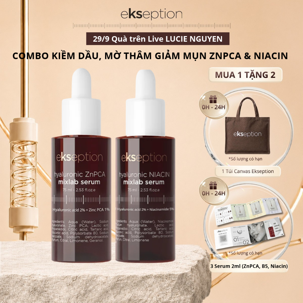 Combo Kiềm Dầu Mờ Thâm Giảm Mụn Ekseption Serum Kẽm Hyaluronic ZnPCA Mixlab HA+ 1% 75ml Và Hyaluronic Niacin Mixlab 75ml