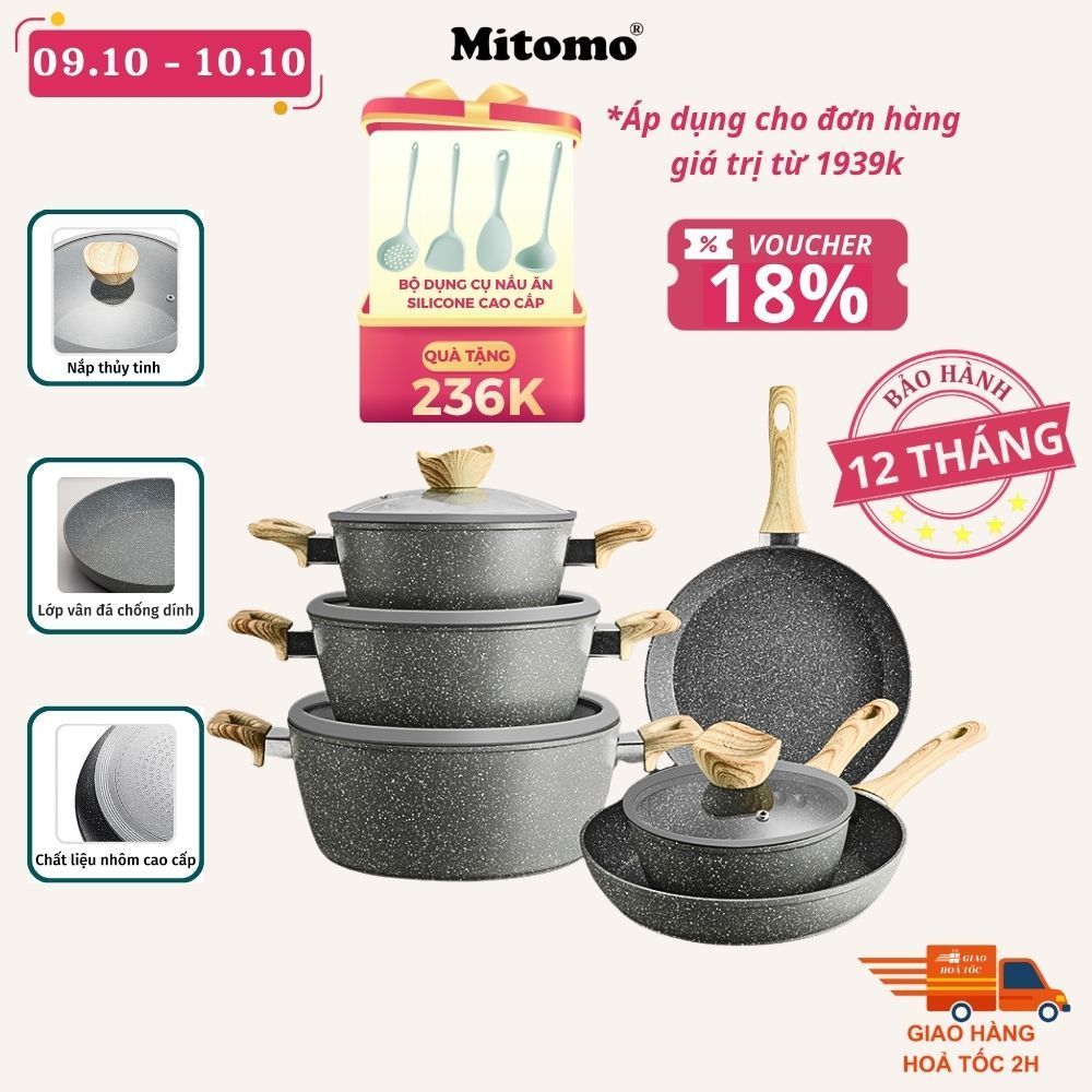 Bộ nồi chảo vân đá 6 món chống dính cao cấp Mitomo Queen Time, dùng cho bếp từ, bếp ga - Hàng chính hãng