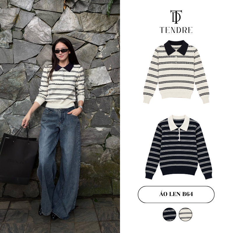 TENDRE - Áo Len Nữ Dài Tay Kẻ Sọc Ngang Cổ Polo Phối Viền, Áo Len Dệt Kim Form Vừa Thanh Lịch Dễ Phối Đồ B64