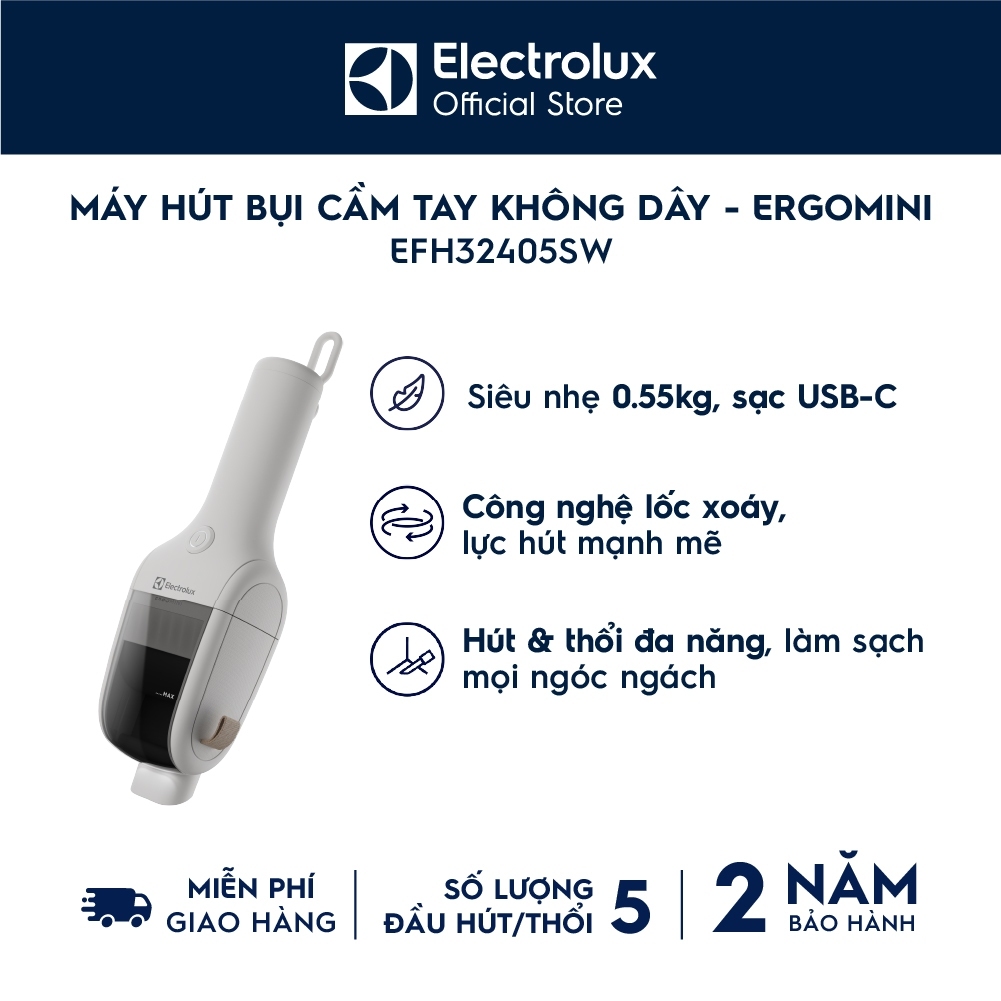 [Mới] Máy hút bụi cầm tay mini Electrolux không dây ErgoMini EFH32405SW - Thiết kế nhẹ, sạc USB-C và móc treo tích hợp