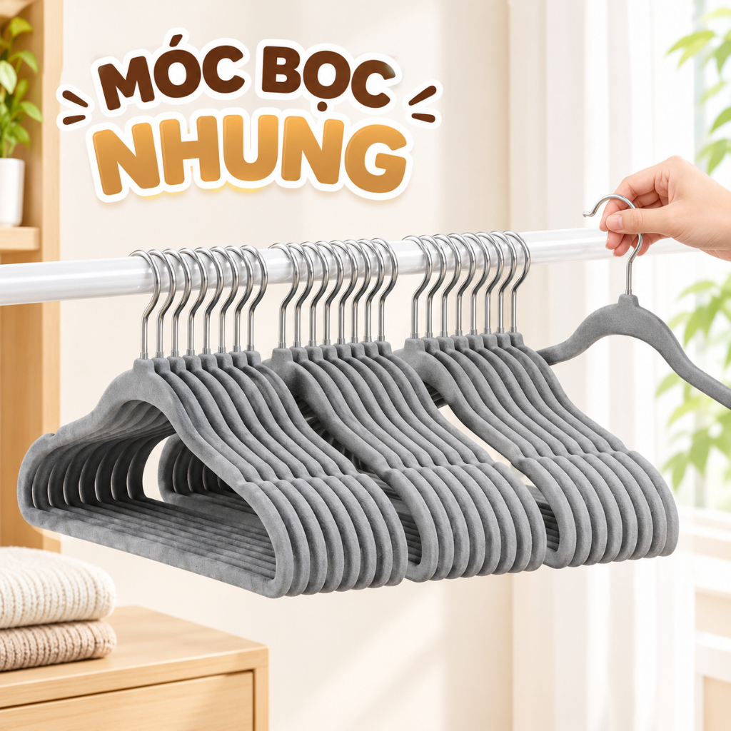 Móc treo quần áo bọc nhung siêu mỏng, móc quần áo chống trượt xoay 360 tiện dụng LUXHOME