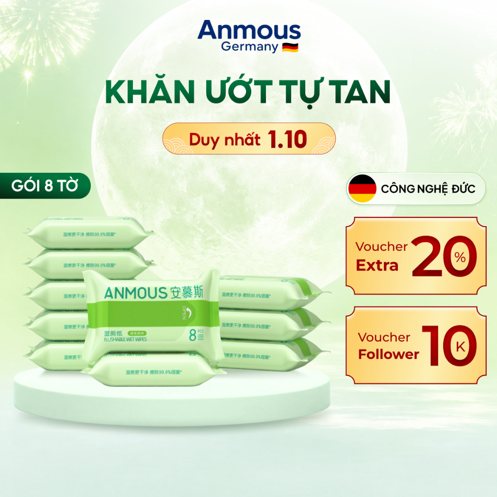 [Combo 5 gói] Khăn giấy ướt tự tan Anmous 8 tờ kháng khuẩn, an toàn cho vùng kín và da nhạy cảm