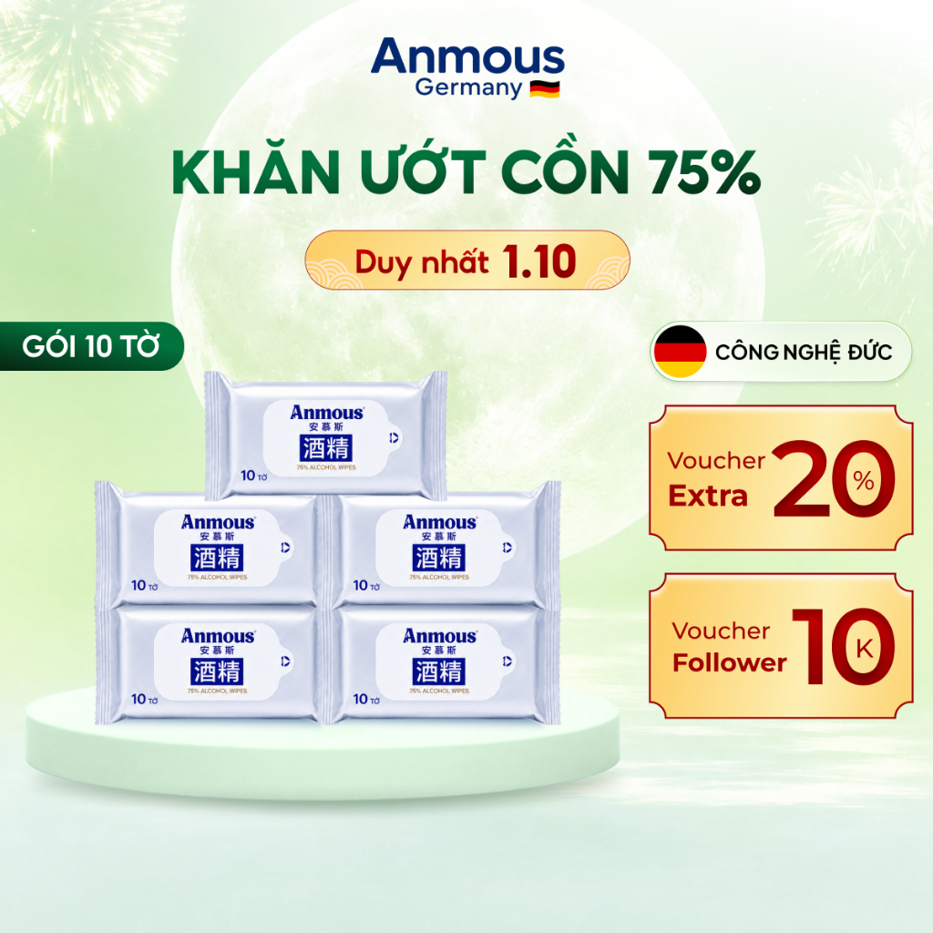 [Combo 5 gói] Khăn ướt cồn 75% Anmous 10 tờ công nghệ chuẩn Đức giúp làm sạch nhanh, kháng khuẩn