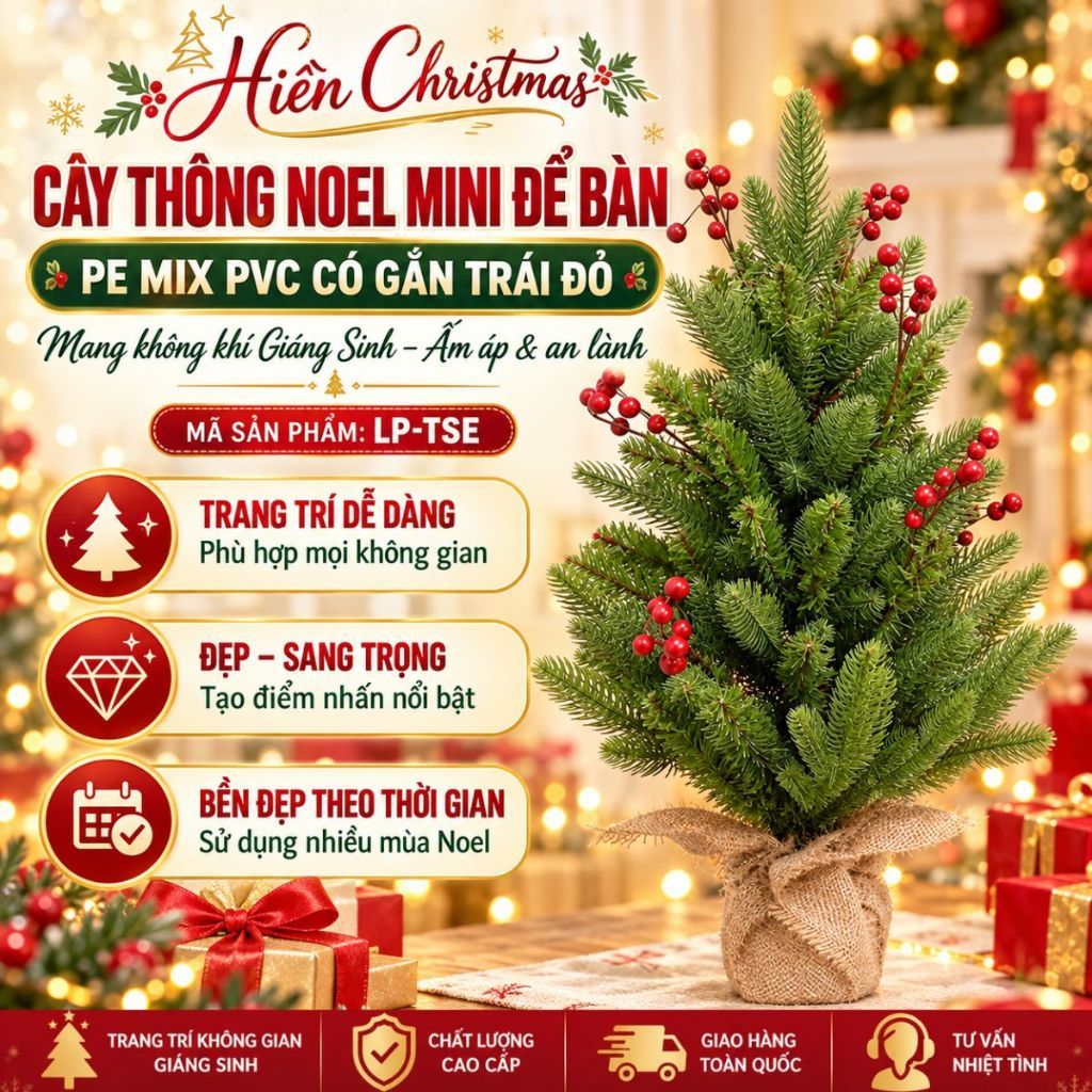 Cây Thông Noel Mini Để Bàn Lá Pe Mix Lá Thường Gắn Trái Đỏ 45Cm 60Cm Trang Trí Giáng Sinh Christmas