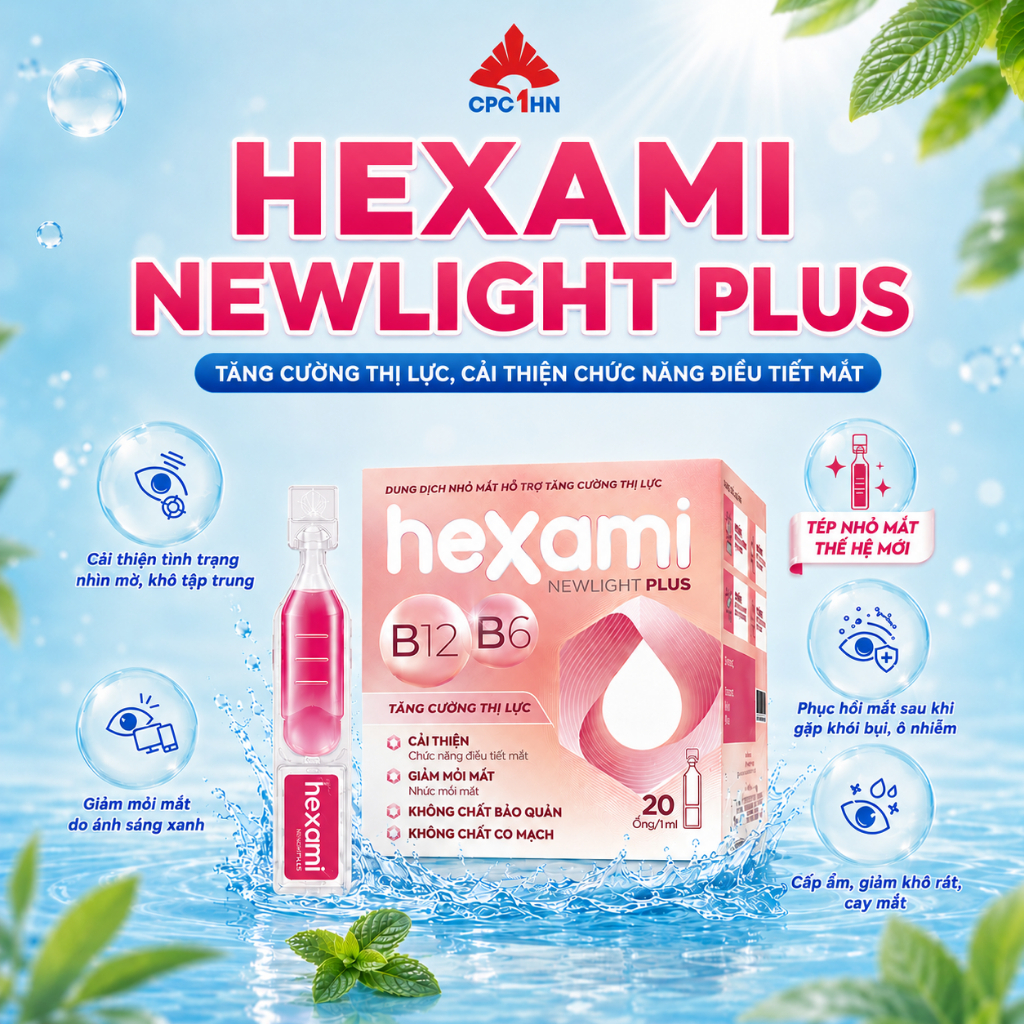 Tép Nhỏ Mắt giảm mỏi mắt HEXAMI NEWLIGHT PLUS dưỡng mắt hiệu quả, giảm khô mắt an toàn Hộp 20 ống