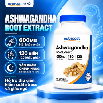Viên uống Ashwagandha Nutricost 600mg nhân sâm Ấn Độ, giúp giảm stress, mất ngủ, tăng đề kháng