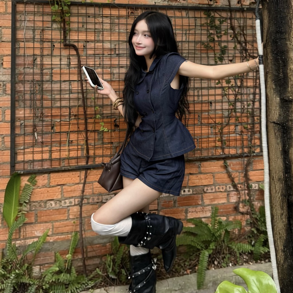 (HAVANA)  Set kiểu nữ EIRI denim mềm tay hến kèm quần short dáng ngắn #141.16 SAT482