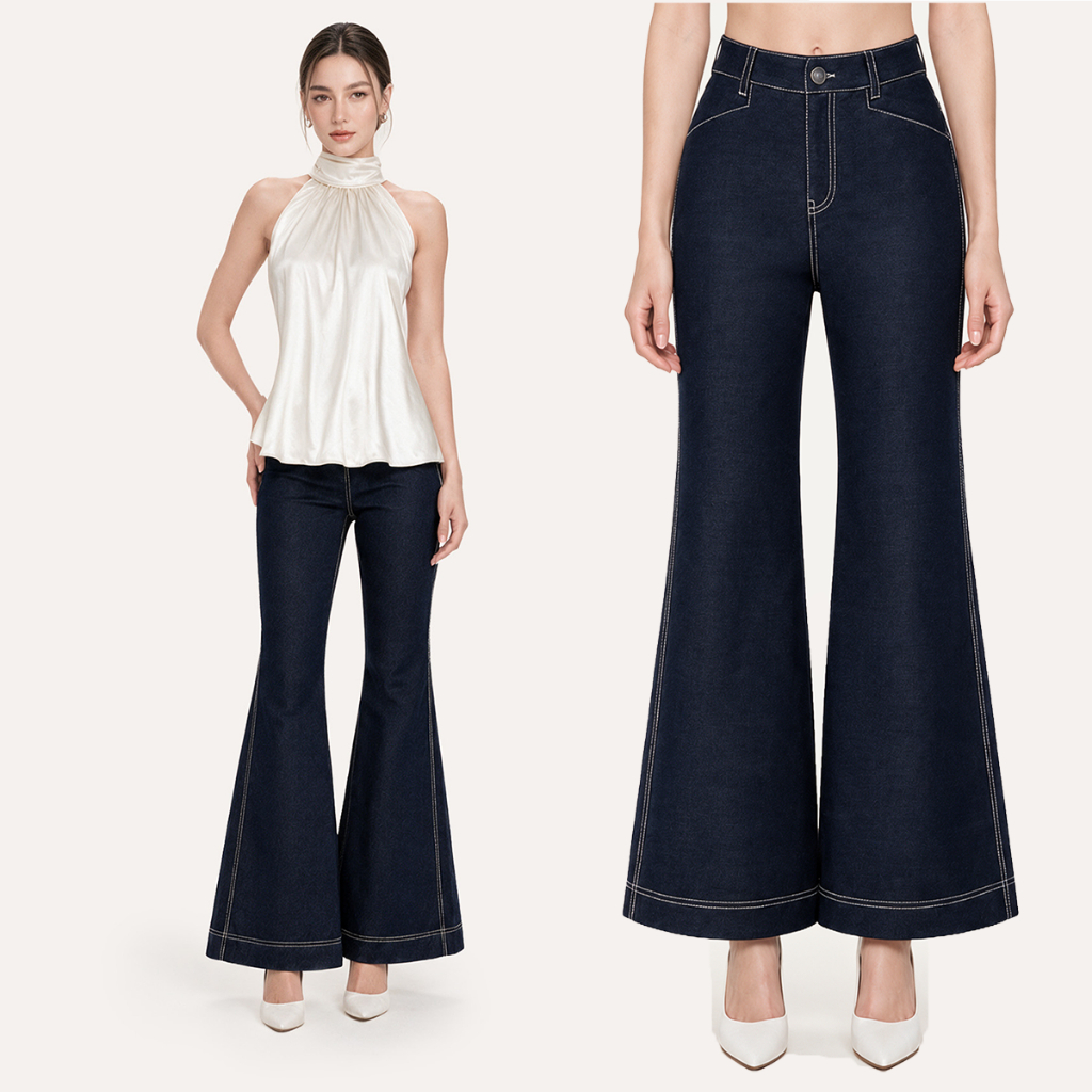 RECHIC Quần jean nữ ống loe Flanne phối ren sang trọng thanh lịch | BigBuy360 - bigbuy360.vn