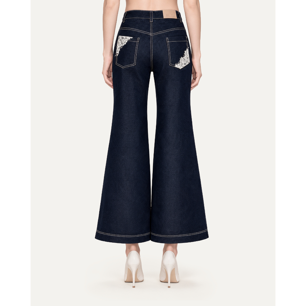 RECHIC Quần jean nữ ống loe Flanne phối ren sang trọng thanh lịch | BigBuy360 - bigbuy360.vn