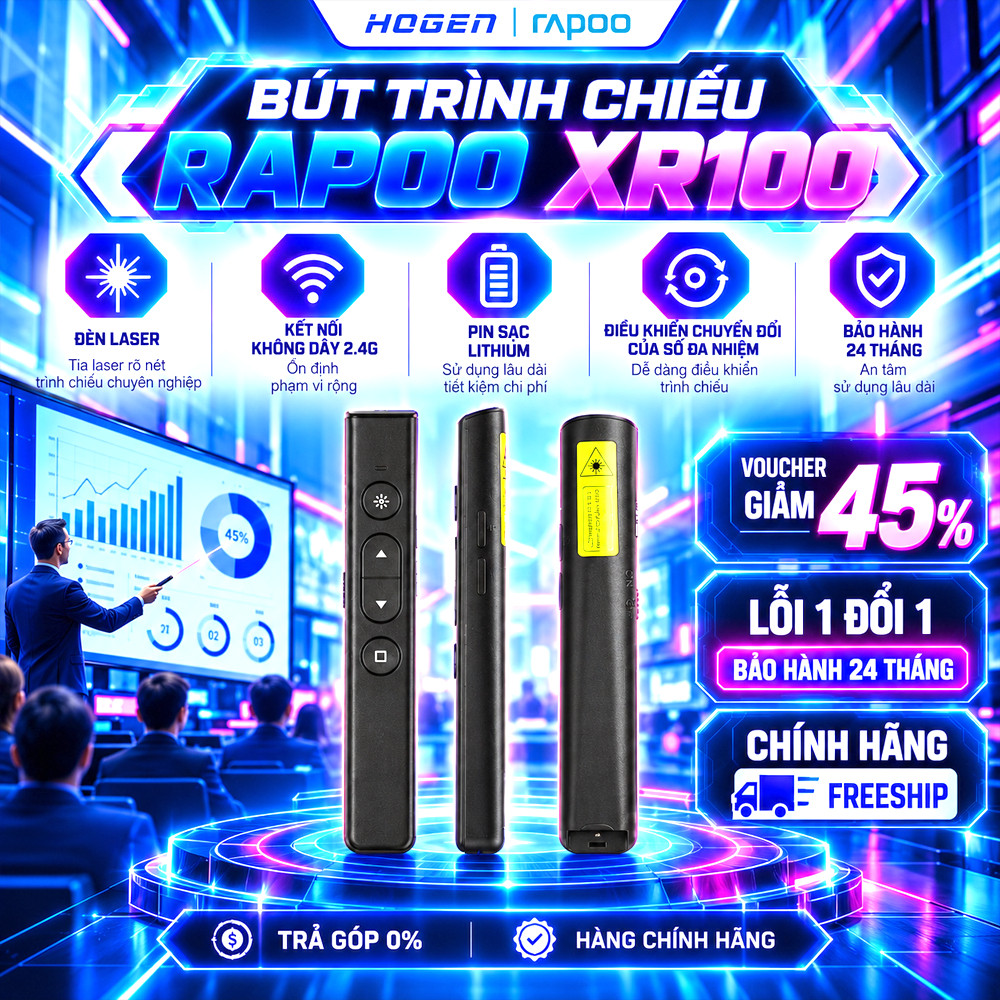Bút trình chiếu Rapoo XR100 | Đèn Laser Đỏ:100M | Pin sạc Lithium:56h | Kết nối không dây 2.4G | Bảo hành 2 năm