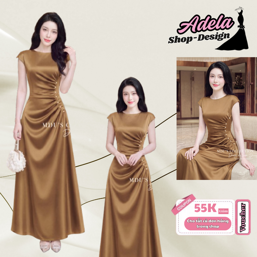 Váy Dự Tiệc ADELA DESIGN Lụa Twist Satin Cao Cấp Cổ Thuyền Nhún Eo Hàng Ngọc MDU6624