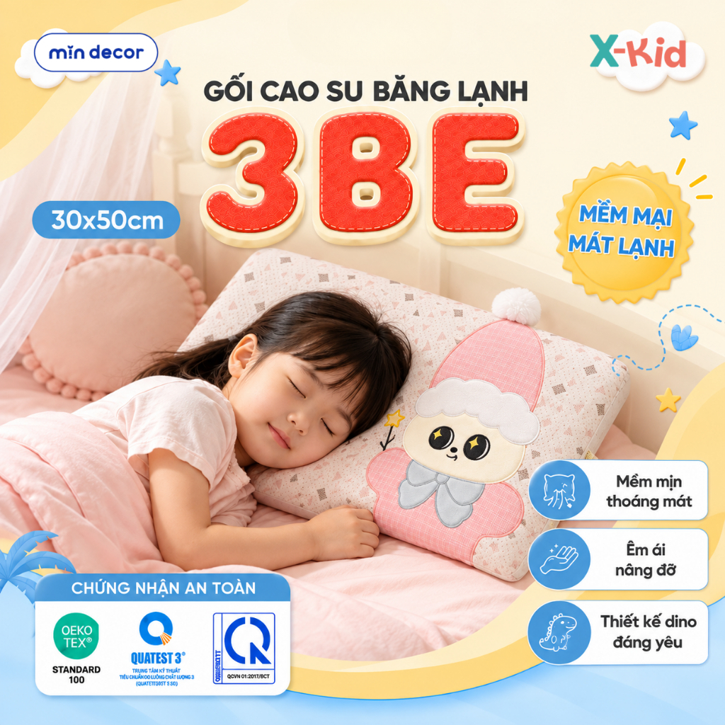 Gối Cao Su Non Băng Lạnh 3BE Mịn Decor Cho Bé, Thiết Kế Công Thái Học Nâng Đỡ Đầu Cổ