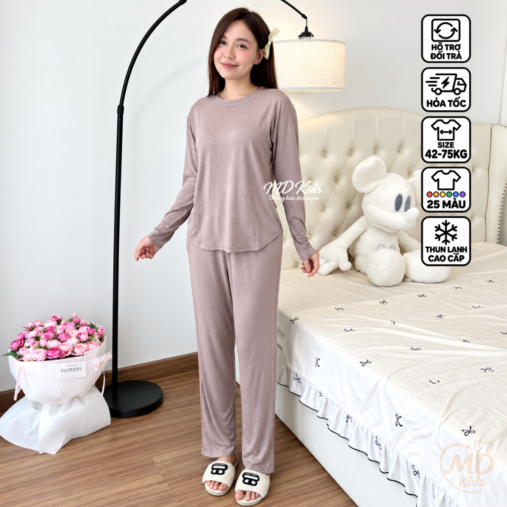 Đồ Bộ Nữ Thun Lạnh Tay Dài Quần Dài Suông Vạt Bầu Có Túi Mặc Nhà Đủ Size 42–75kg