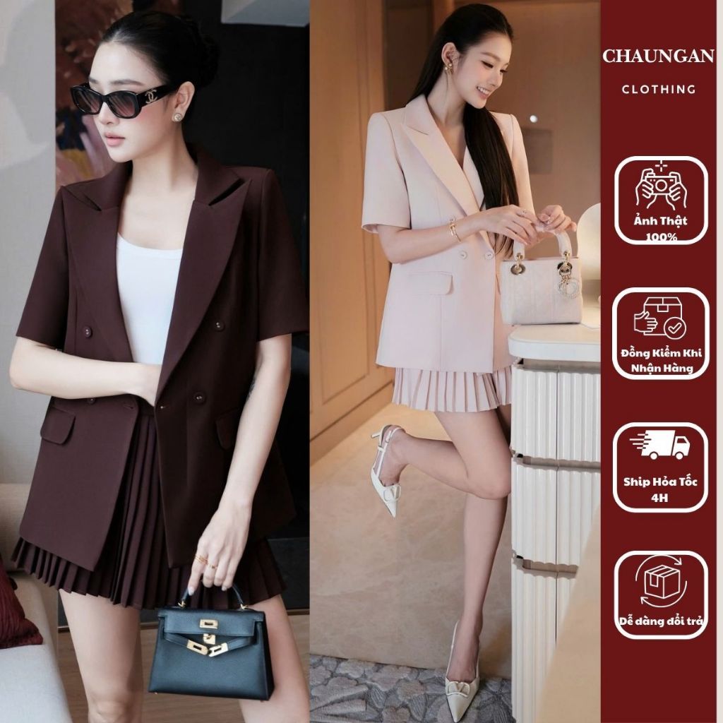 Set Bộ Áo Vest Blazer Tay Ngắn Form Rộng Phối Chân Váy Xếp Ly Phong Cách Công Sở Thanh Lịch