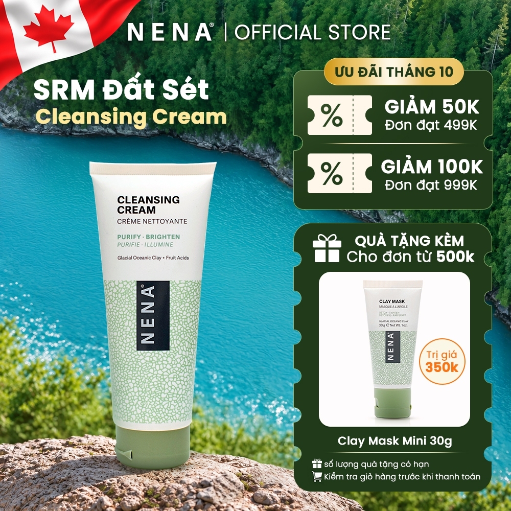 Sữa Rửa Mặt Đất Sét Detox NENA CLEANSING CREAM Sạch Sâu Dịu Nhẹ, Tẩy Tế Bào Chết, Dưỡng Ẩm và Làm Sáng Da Tự Nhiên 100g