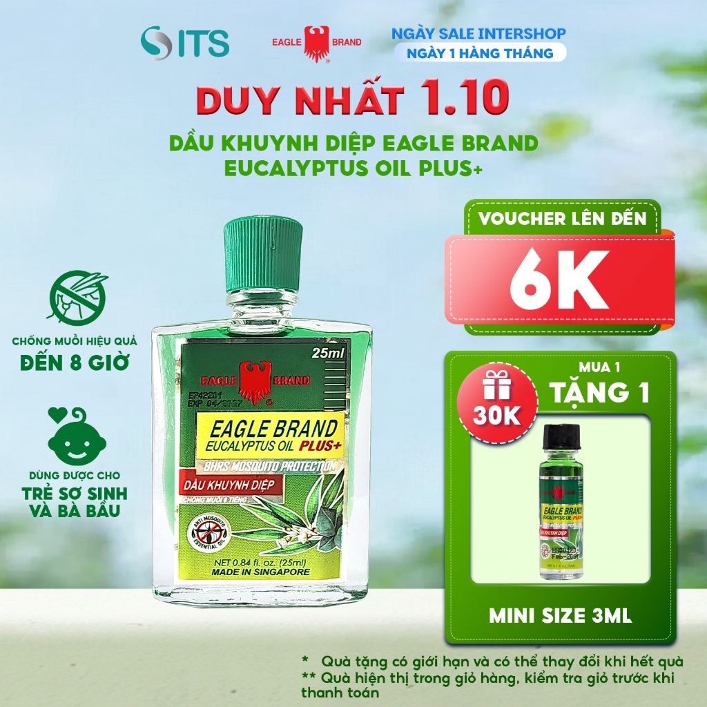 Tinh Dầu khuynh diệp Con Ó 2 Nắp Eagle Brand Eucalyptus Oil Plus+ 25ml chống muỗi 8h, giữ ấm EB0002