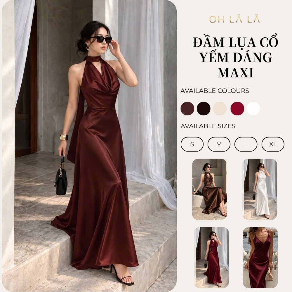 Đầm Lụa Cổ Yếm Váy Lụa Nữ Dáng Maxi Sang Trọng, Dự Tiệc, Thanh Lịch, Đầm Lụa Thiết Kế  Cổ Yếm 073