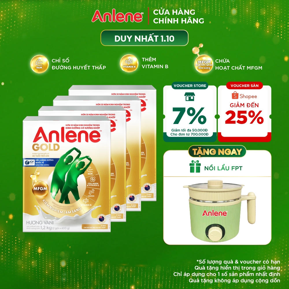 Combo 4 hộp Sữa Bột Anlene Gold Hương Vani 1.2kg ít béo, chỉ số đường huyết thấp giúp tăng cường cơ xương khớp