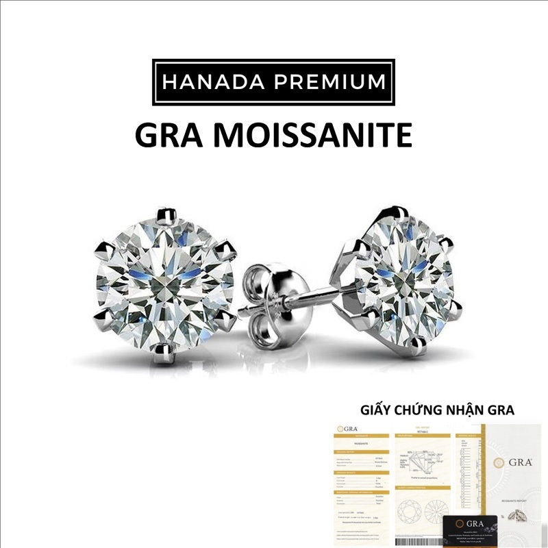 [CHỨNG NHẬN GRA] Bông Tai Hanada Đá Moissanite 5MM  Phủ Bạch Kim Hoa Tai Nụ Bạc 925 Không Đen Không Mờ Nam Nữ 1166 A3