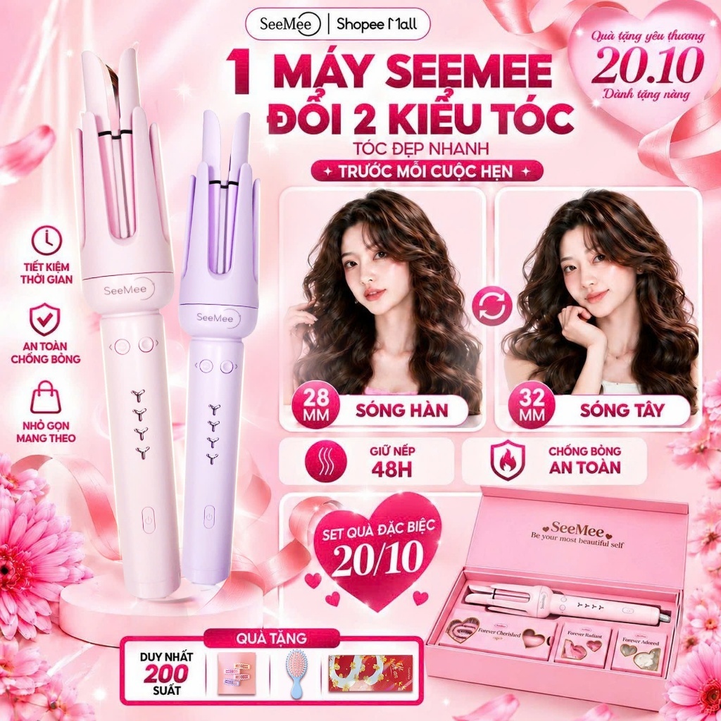 [GIÁ 345K TẠI LIVE SHOP]Máy uốn tóc tự động SeeMee tạo 2 kiểu xoăn trục 28mm 32mm giữ nếp 48h quà tặng bạn gái 20/10,LIS