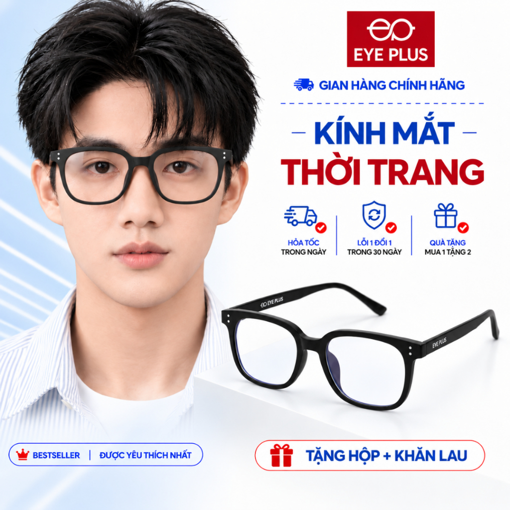 Gọng Kính Mắt Nam Nữ Vuông Eye Plus 2505 Nhựa Dẻo TR90 Mắt Chống UV Và Ánh Sáng Xanh Dáng Thời Trang