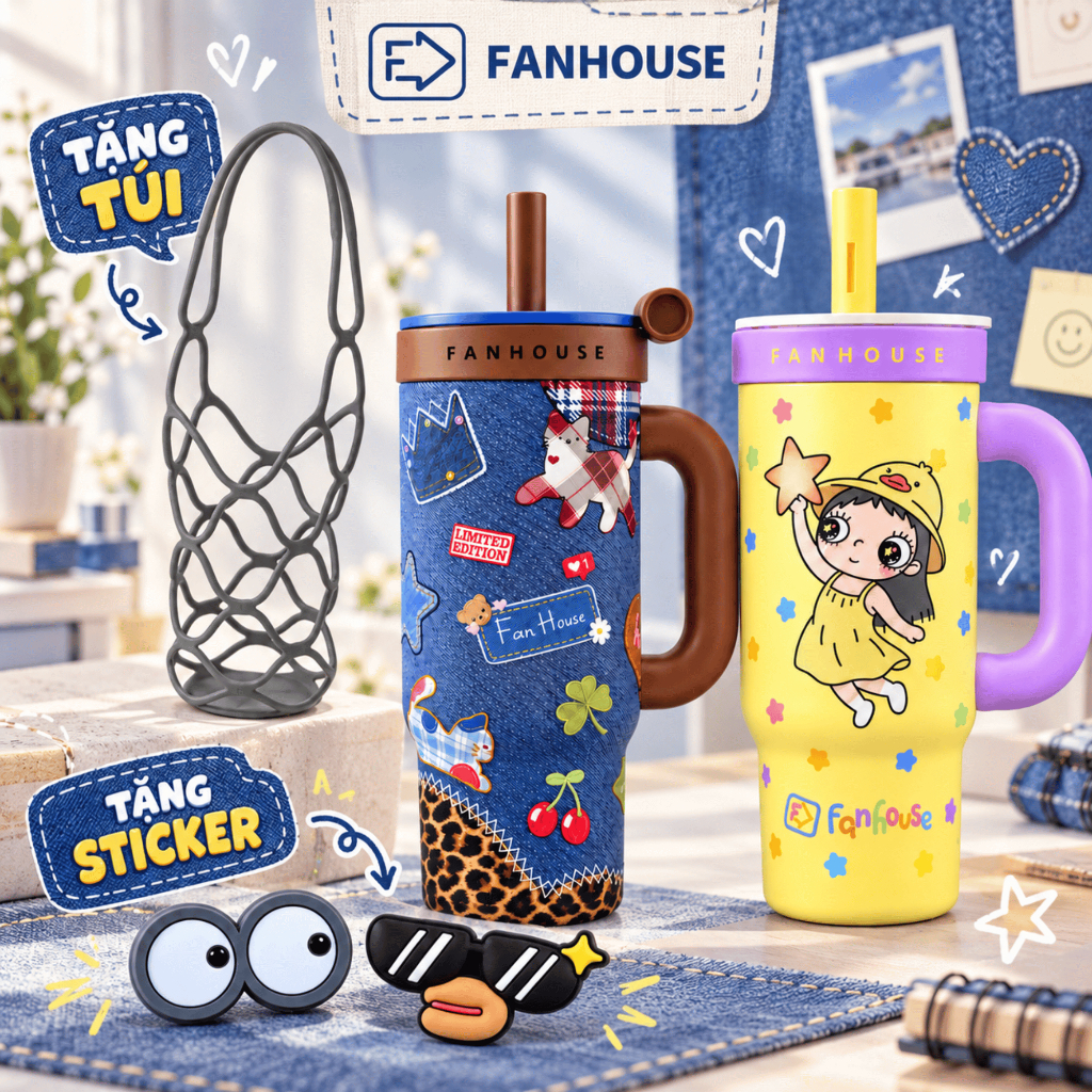 Ly giữ nhiệt Wings II dung tích 900ml lõi Thủy Tinh, Fan House bình giữ nhiệt 6-8h tặng ống hút trà sữa